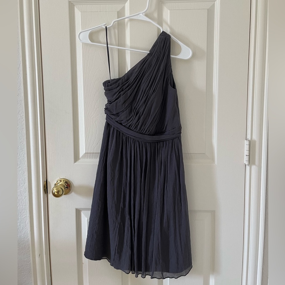 J Crew Smoky Gray One-Shoulder Silk Chiffon Mini Dress